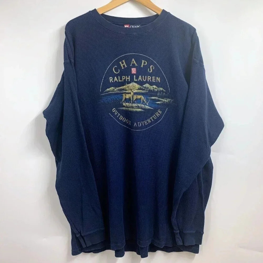 Ralph Lauren Chaps Mens Graphic Outdoor Adventure Cotton Waffle Long Sleeve SZ L